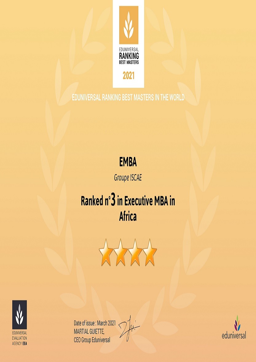 Certificat Eduniversal Best Masters 2021 — EMBA Groupe ISCAE classé n°3 des Executive MBA en Afrique, quatre étoiles.