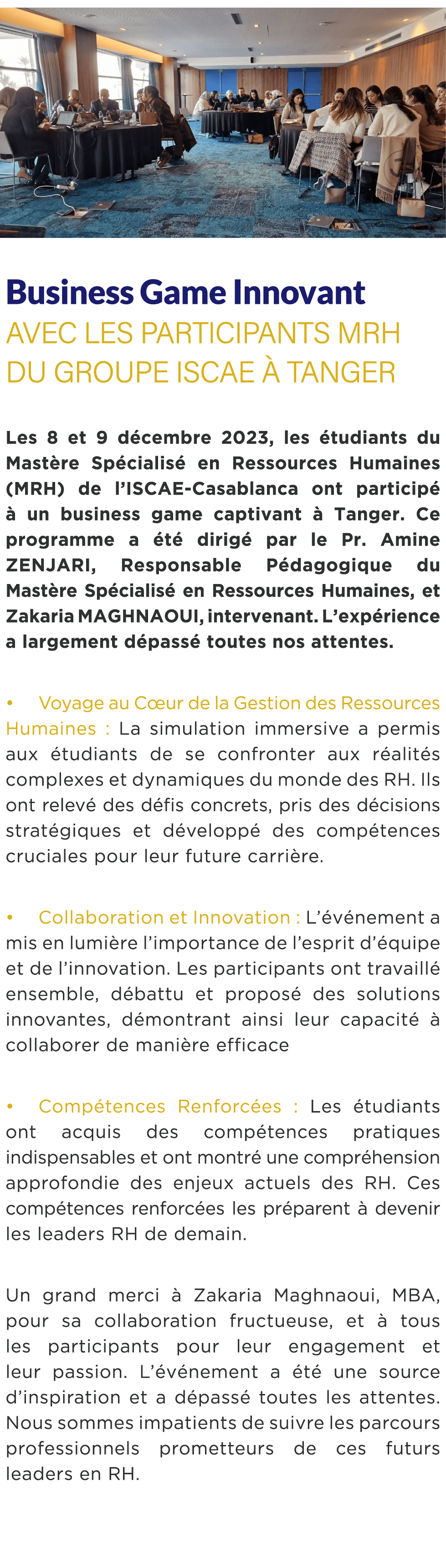  ￼ Business Game Innovant avec les Participants MRH du Groupe ISCAE  Tanger Les 8 et 9 d cembre 2023, les  tudiants ...
