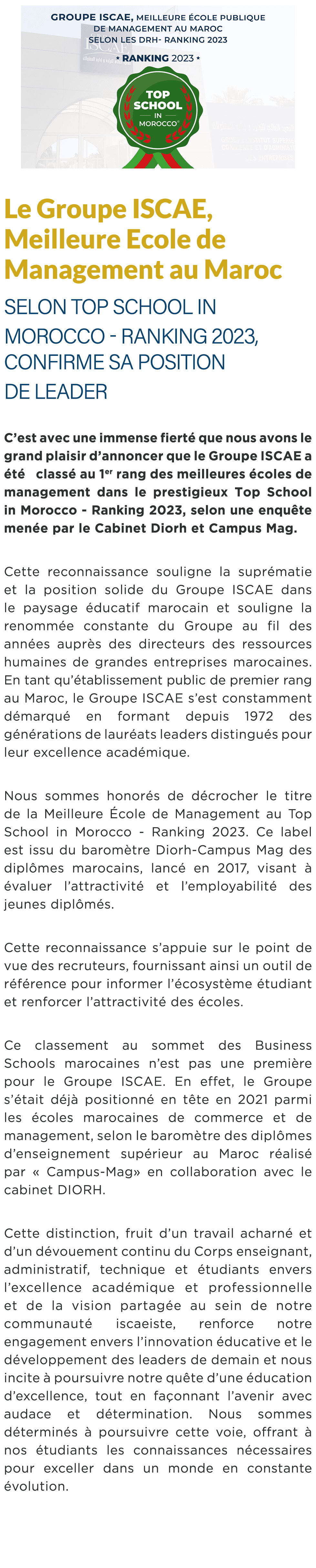  ￼ Le Groupe ISCAE, Meilleure Ecole de Management au Maroc selon Top School in Morocco Ranking 2023, confirme sa posi...