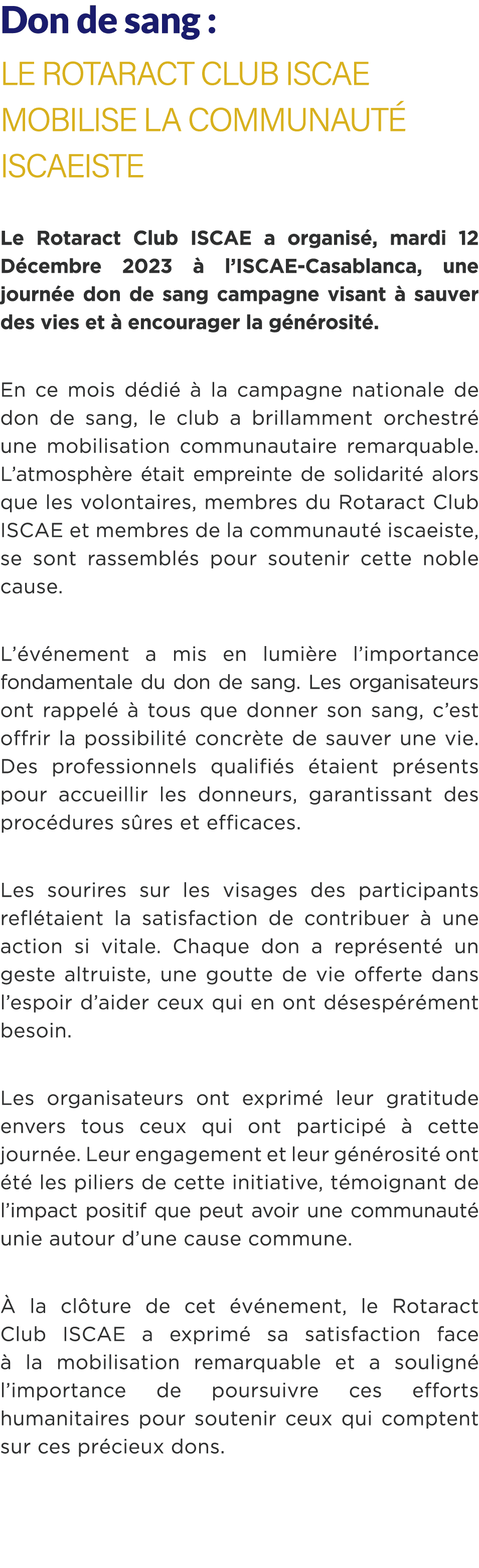 Don de sang : Le Rotaract Club ISCAE mobilise la communaut iscaeiste Le Rotaract Club ISCAE a organis , mardi 12 D c...